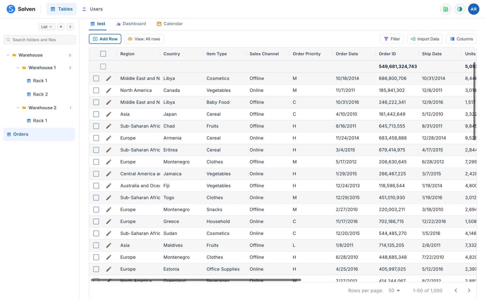 Solven product screenshot showing folders, a data table, and Dashboard/Calendar views